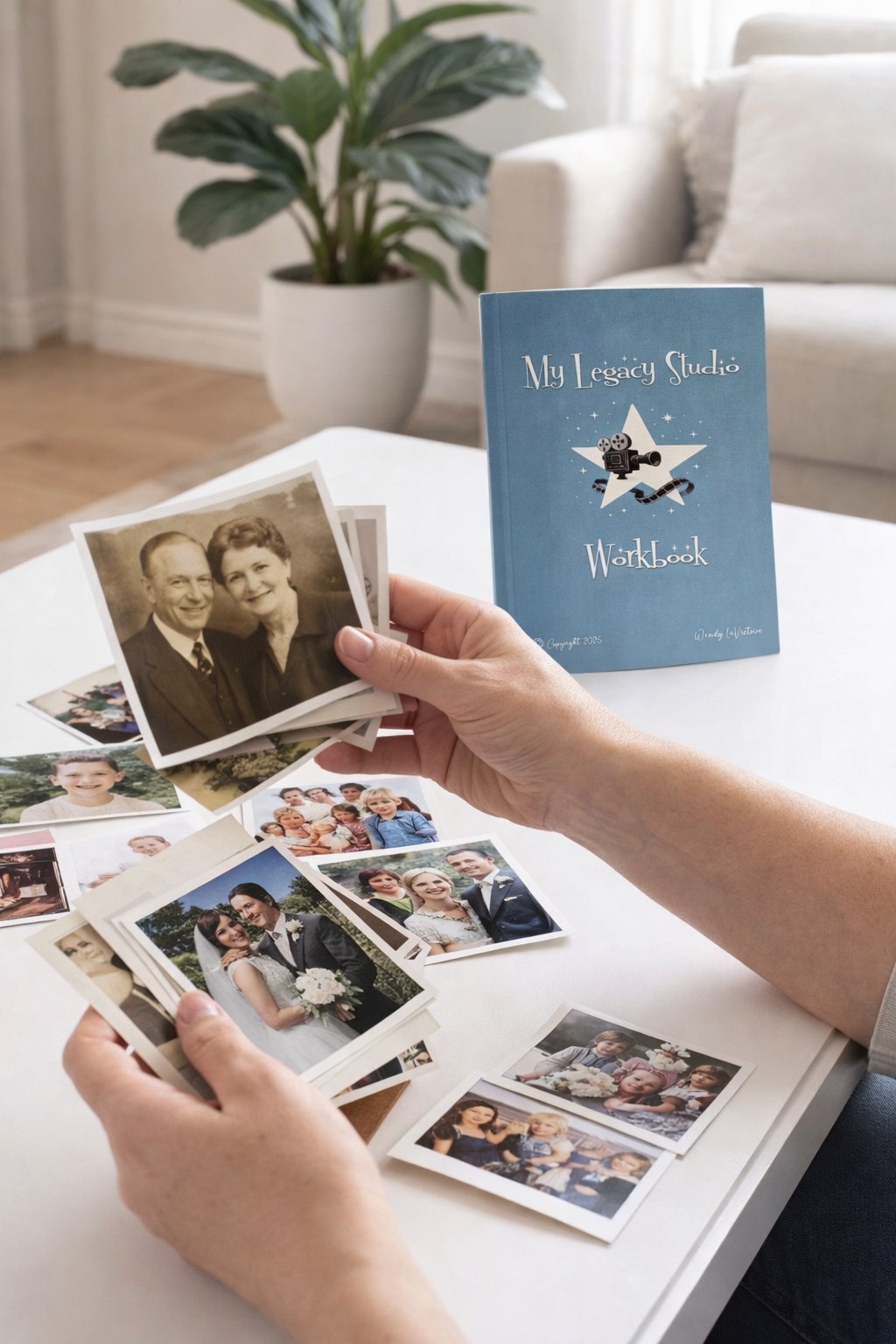 Vintage family photographs spread across a table, with the My Legacy Studio workbook nearby