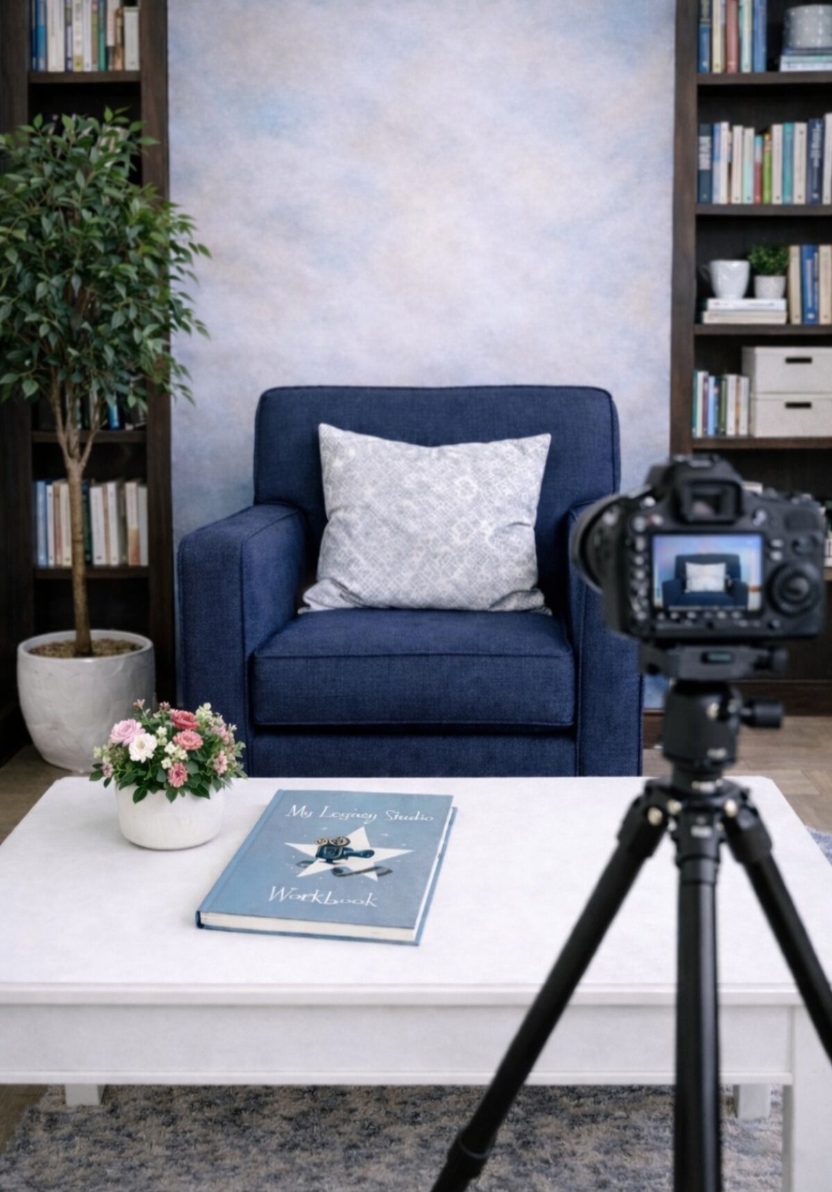A comfortable armchair ready for a recording session
