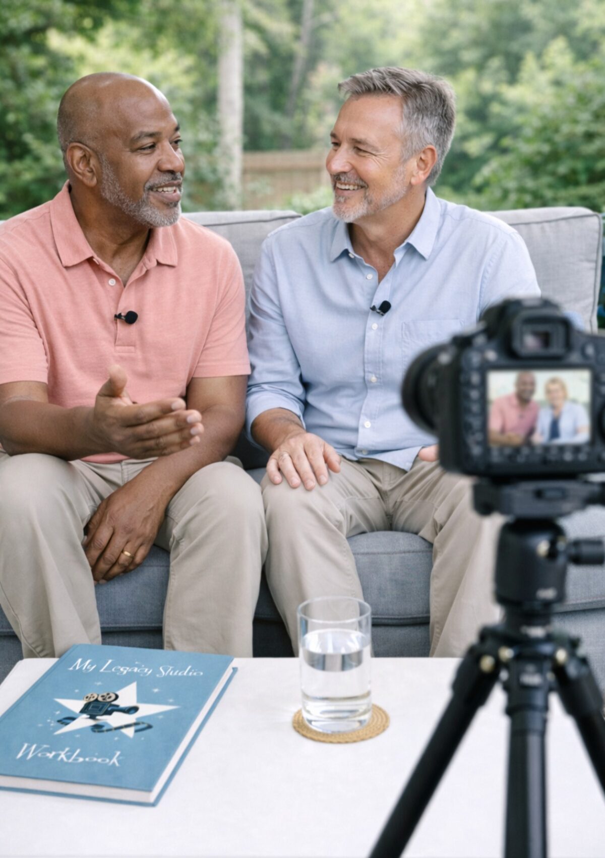 A relaxed conversation being filmed outdoors