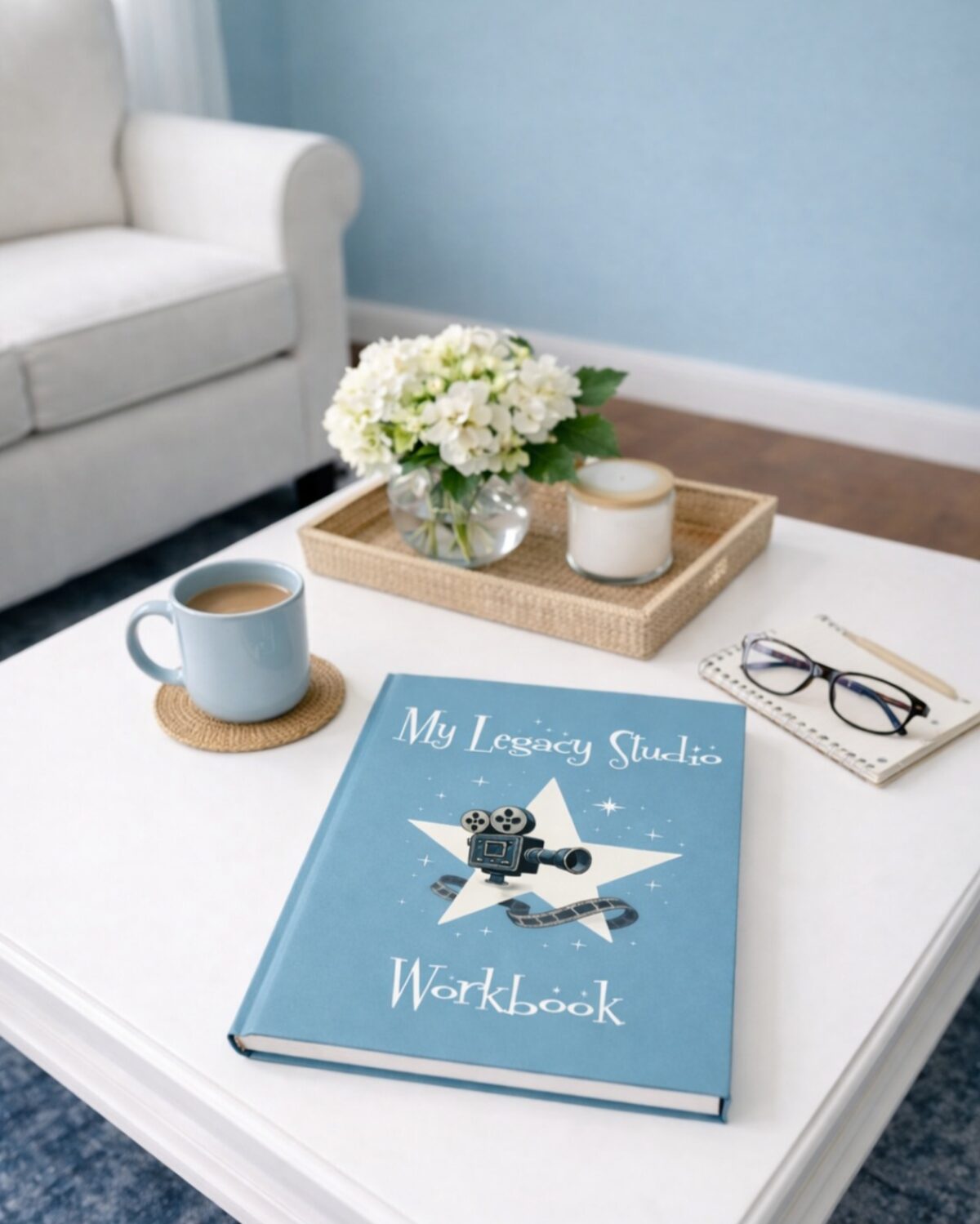 The My Legacy Studio E-Workbook with tea and flowers on a coffee table